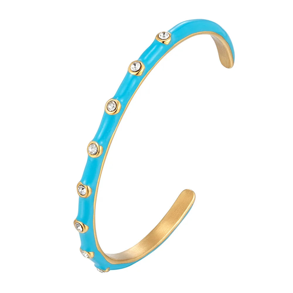 Wholesale Colorful 18K Gold Filled Enamel CZ Pave Zircon Cuff Punk C Shape Charm Open Adjustable Wristband Bangles Jewelry Women