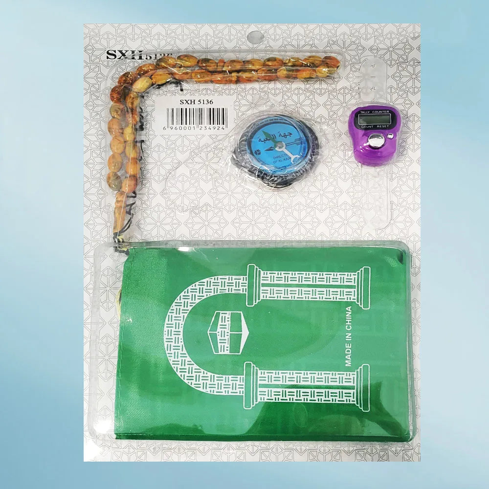 Wholesale Ramadan Gift Muslim Tasbihs Set  Mosque Travel Prayer Mat with Compass Rosary Beads
