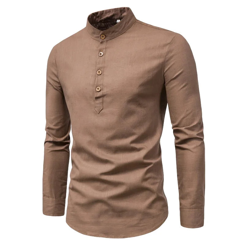 High Quality Men's Sport Shirt Solid Color Stand Collar Long Sleeves Formal Style Anti-Shrink Woven 2XL Hunting for Spring