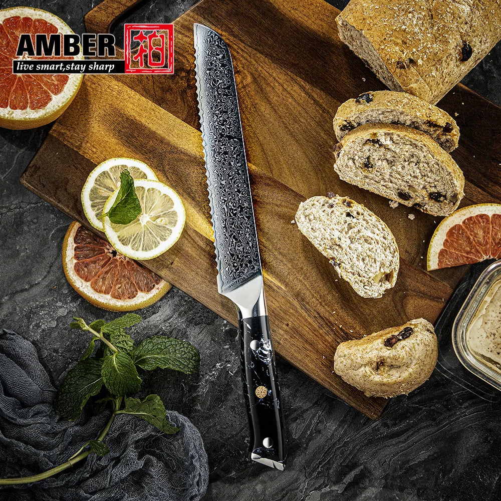 Damascus Bread Knife Professional Japanese Vg10 Steel Kitchen Knife with Turquoise Stone