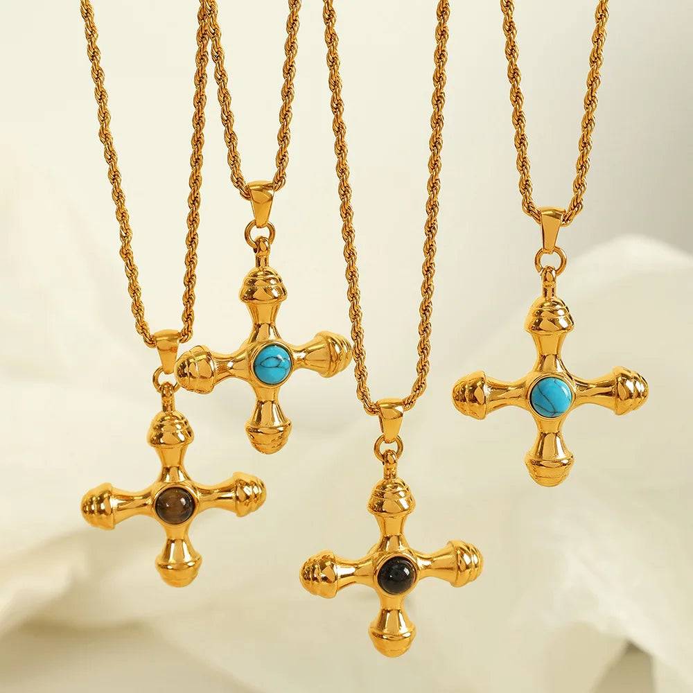 Trendy Waterproof Boho Tiger's Eye Turquoise Stainless Steel Cross Pendant Necklace Vintage Gold Twisted Rope Chain  Gifts