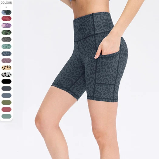 Wholesale Gym Fitness Active Wear Running Workout Camo Leopard Printed Pocket Women Biker Shorts