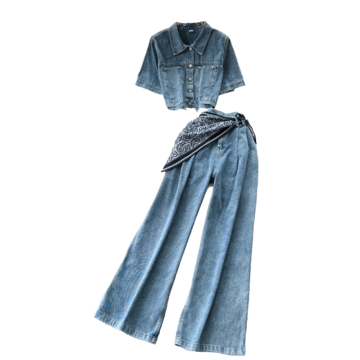 Professional Custom Factory Direct Trending Fashion Women Casual Summer Long Two Piece Denim Set Solid Pattern Woven V Neck