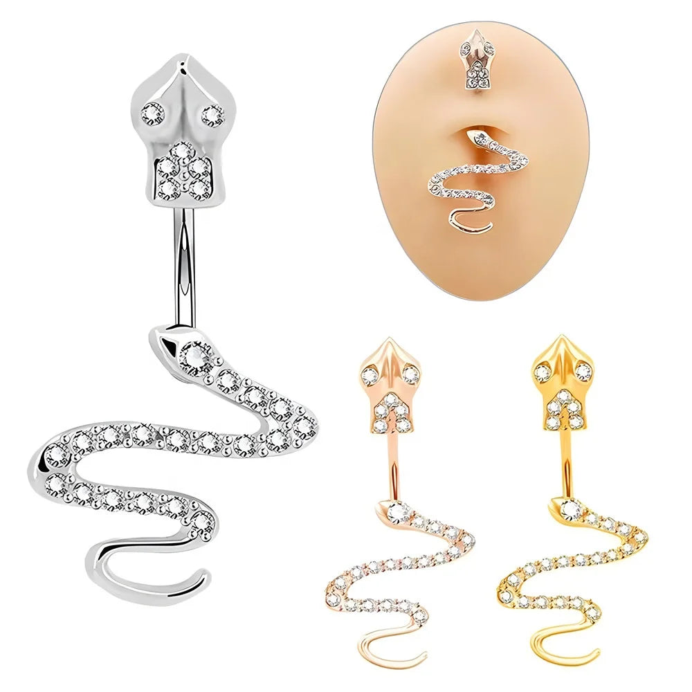 316l Surgical Steel Bar Piercing Belly Jewelry Snake Belly Ring Twisty Crystal Snake Navel Ring