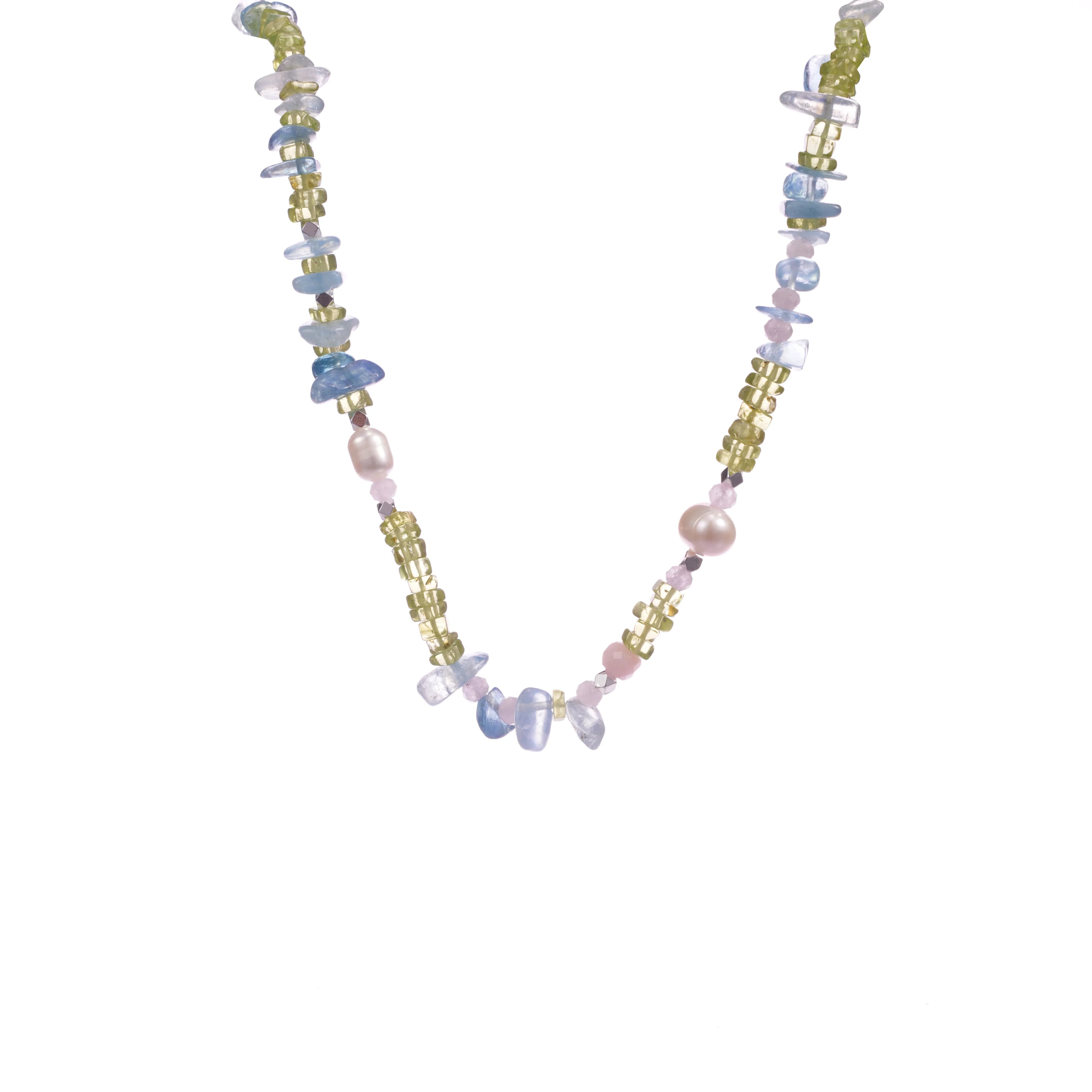 Elegant Aquamarine Crushed Stone & Green Square Crystal Necklace Brass Platinum Plated Boho Jewelry for Women Summer Gift
