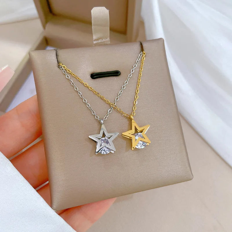 Fashion Titanium Steel Pentagram Zircon Minimalist 18k Gold Plated Necklace Choker Chain for Women Jewelry Gifts