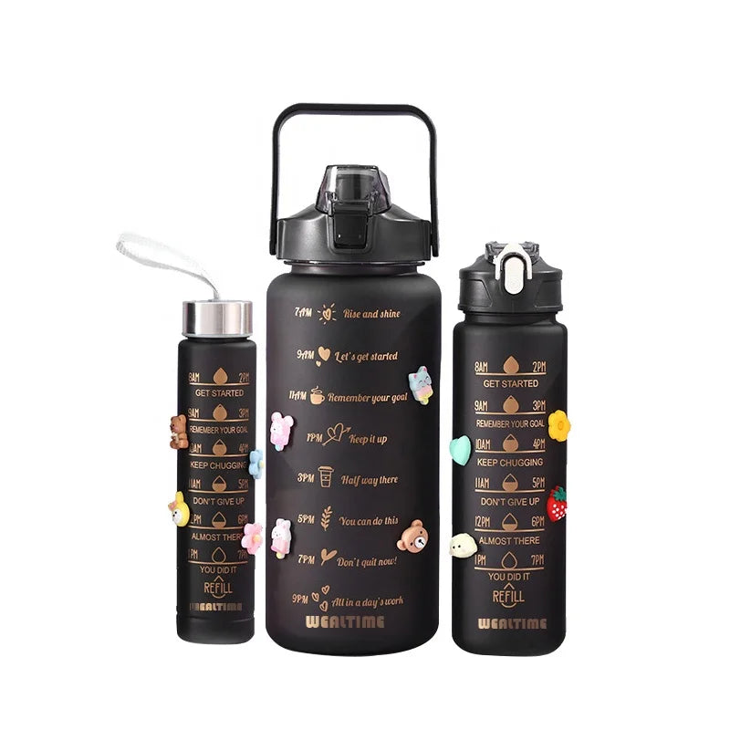 2025 Latest Products 3 Pieces Set Plastic Water Bottles Black Motivational 2000 Ml Sports PC Travel Opp Bag Packing CLASSIC TOUR
