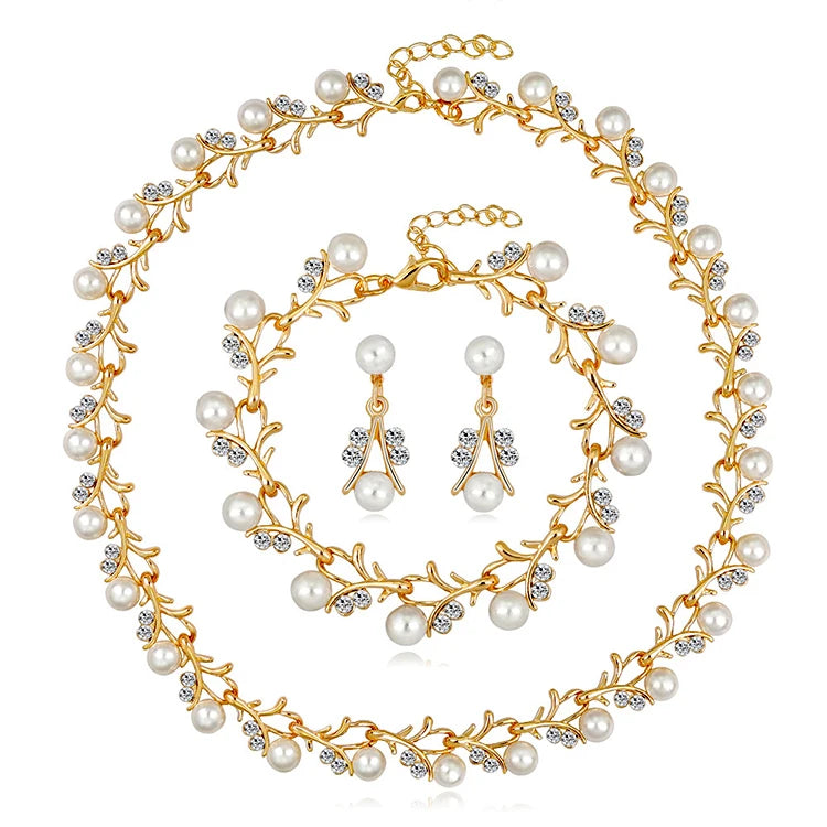 Wholesale Gold Silver Plated Leaf Shaped Crystal Pearl Bracelet Earring Necklace Women Bridal Weeding Jewelry Set