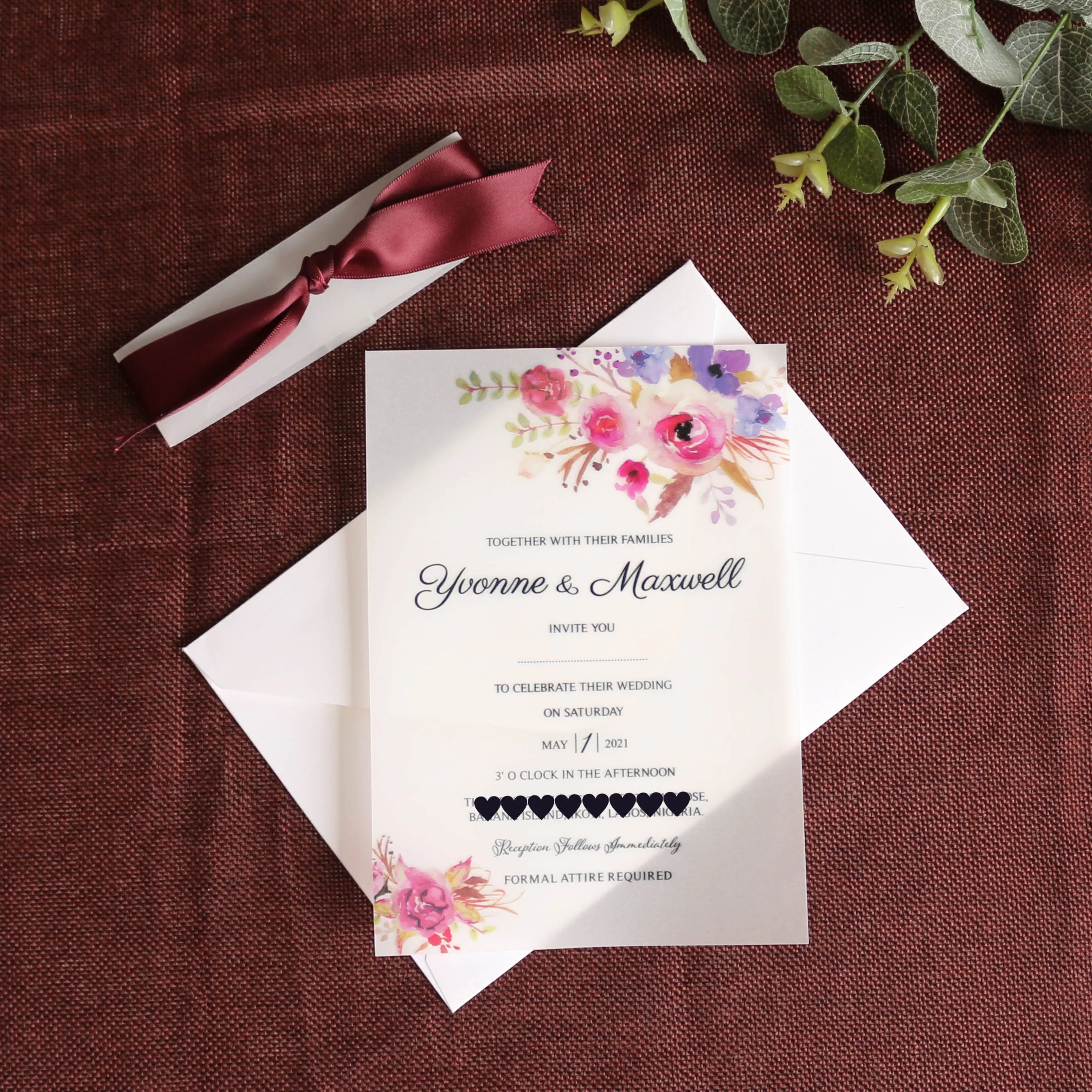 Floral Vellum Invitation Cards Customized Size and Design with Ribbon in Envelope for Wedding and Birthday Party Event