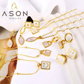 Ason Trendy Unique Square Leaf Lock Shape Earrings and Pendant Necklace Sets Stainless Steel White Shell Jewelry Sets