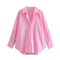 ZATRHMBM New Women's Clothing 2024 Fashion Solid Color Poplin Shirt Retro Lapel Long Sleeve Casual Top