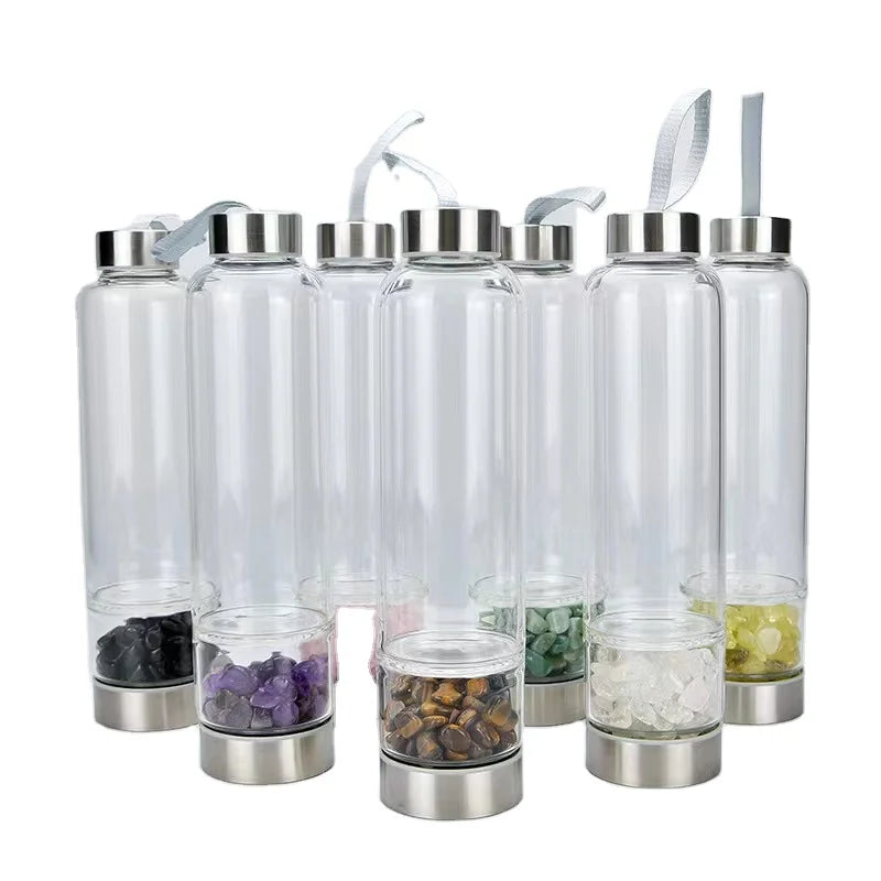 Wholesale Custom Crystal Quartz Gravel Chip Tumbled Stone Glass Water Bottle Crystal Water Bottle