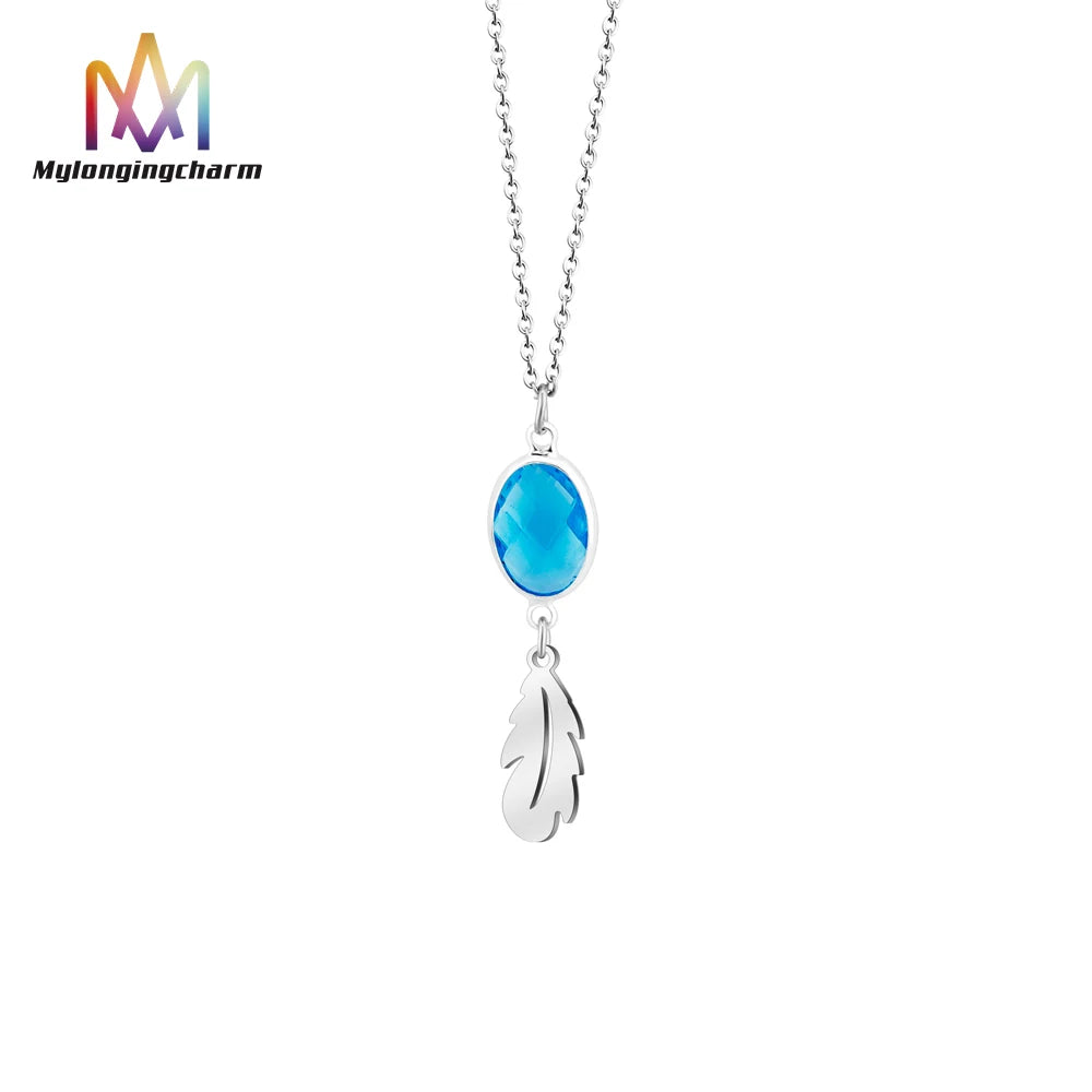Wholesale Stainless Steel Cut Leaf Necklace with Facet Blue Crystal Natural Stone Fashion Pendant Necklace