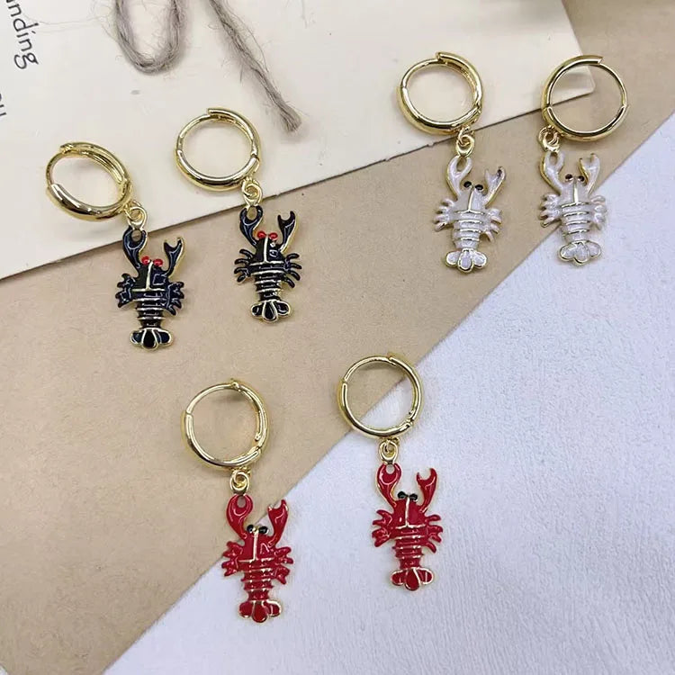 EM1454 New 18k Gold Plated Multi Colored Enamel White Red Black Shrimp Crab Marine Dangle Charm Huggie Hoop Earrings