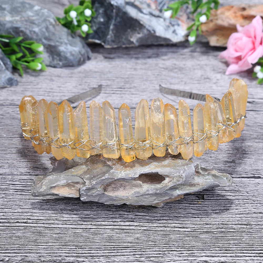 HZ 2025 Hot Item Natural Crystal Crown Yellow Natural Crystal Headband Bridal Jewelry Party Decorations