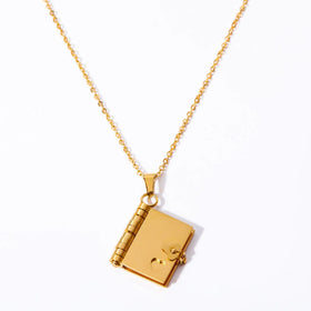 BINSHUO Wholesale Custom Stainless Steel Jewelry Gold Plating Hollow Heart Can Open Laser Carvable Book Pendant Choker Necklace