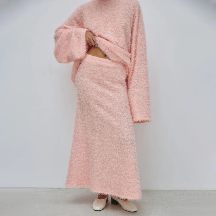 Fuzzy Pink Knit Pajamas Loungewear Casual Women's Skirt And Top Two Piece Autumn Winter Clothing Sets For Women