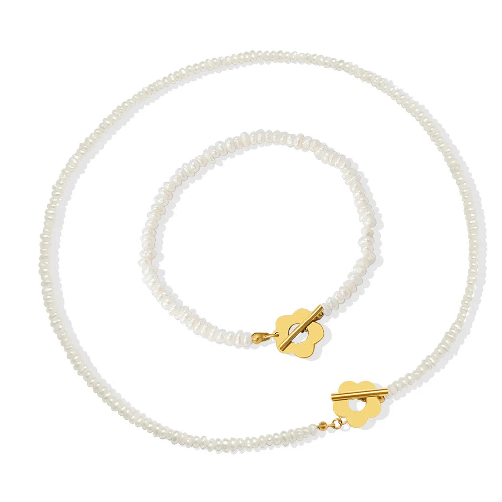 Baroque Freshwater Pearl Flower OT Clasp Choker Necklace Bracelet Jewelry Set Gold Plated Stainless Steel Natural 18K YF2866