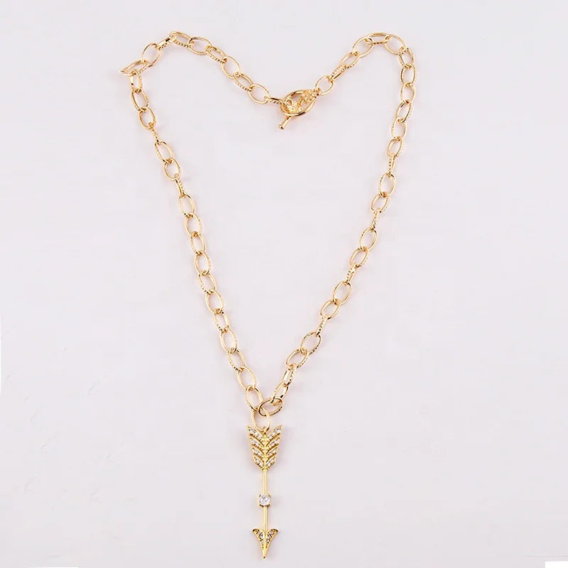 Women Ethnic Jewelry Gold Paperclip Chain Arrow Sun Necklace Cubic Zircon Cross Choker Necklace