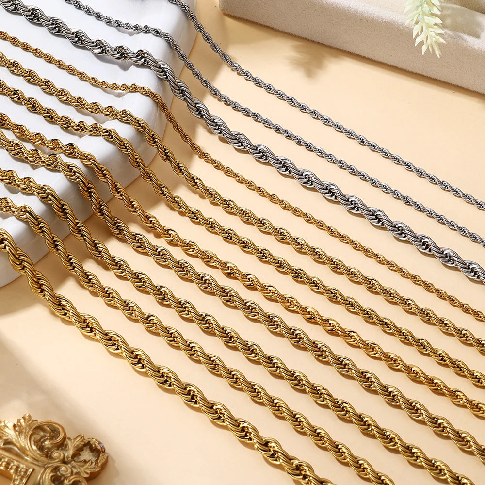 Trendy 6mm Stainless Steel Rope Chain Necklace No Color Retention 16 Inches to 30 Inches Genuine 18K PVD Gold Necklace for Women