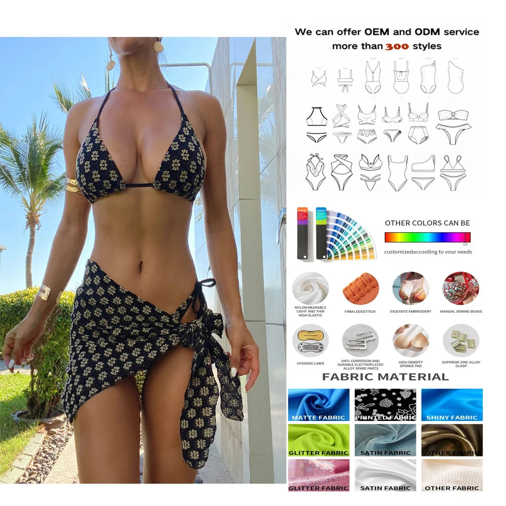 2025 Sexy Luxury Print 3 Piece Set String Swimsuit Halter Crochet Thong Bikini Swimwear Beach Cover Ups for Women