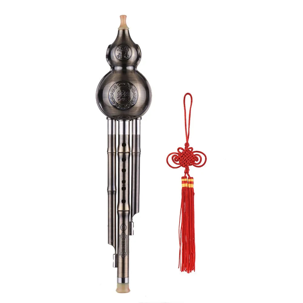 Gorgeous Metal Wire Drawing Chinese Hulusi Gourd Cucurbit Flute Ethnic Wind Musical Instrument Key of C Aluminum Material Copper