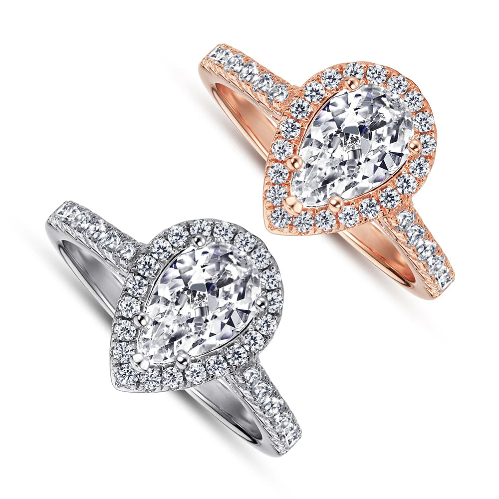 Halo Solitaire Ring Pear Waterdrop Shaped Rose Gold-tone Plated Statement Band Rings