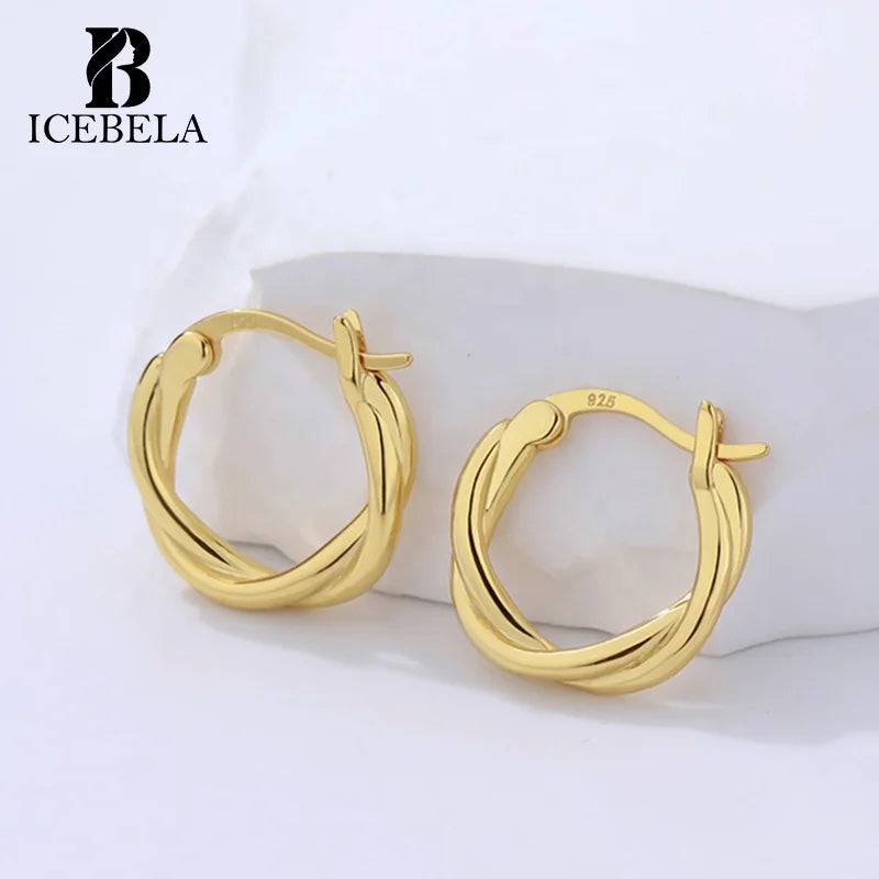 ICEBELA Wholesale Minimalist European Fine Jewellery 18K Gold Plated Twisted Circle Hoop Earrings 925 Silver Earrings for Women