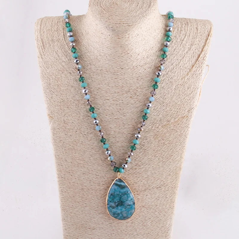 New Style Bohemian Multicolor Jewelry Necklace 8mm Assorted Crystal Glass Beads Knotted Natural Gemstone Blue Pendant Necklace