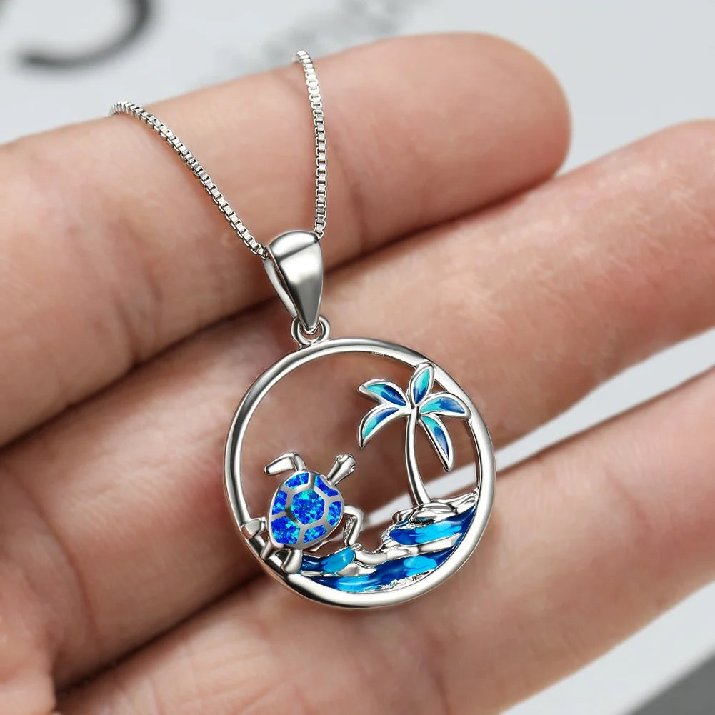 GT 2022 Tik Tok Cadena Platinum Blue Opal Turtle Palm Necklace Coconut Palm Tree Wholesale Jewelry by the Dozen