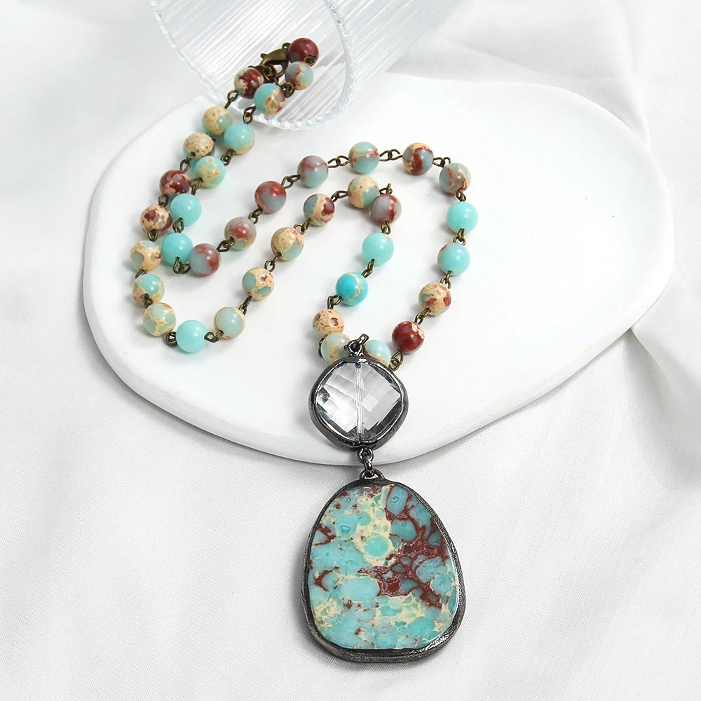 New Fashion Vintage Bohemian Women Jewelry 8mm Natural Stone Chain Short Necklace Round Glass Natural Stone Pendant Necklace