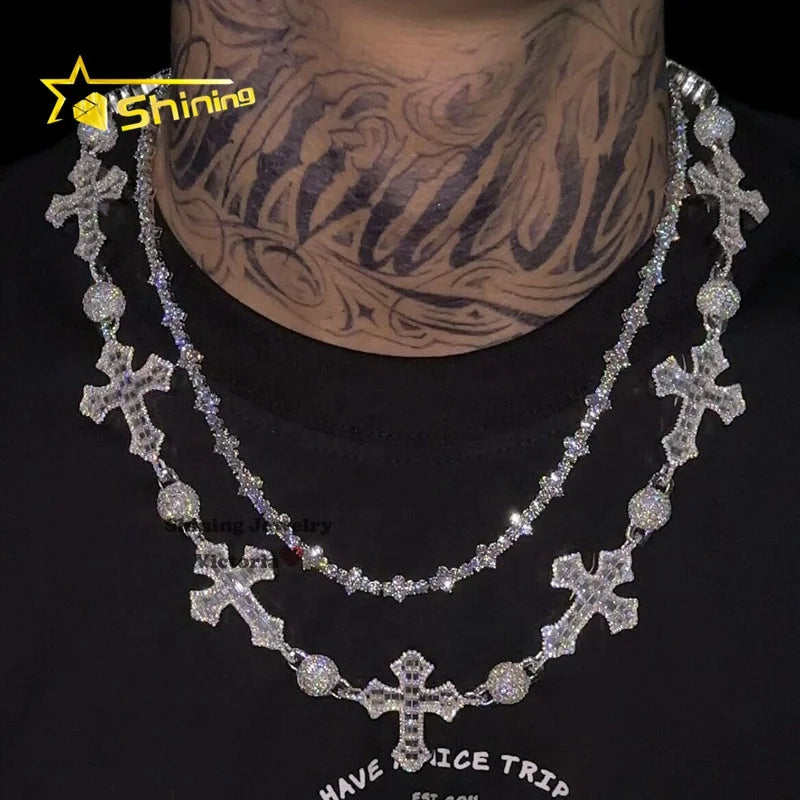 Hip Hop Rapper Jewelry Chain Iced Out Rosary Ball Chain With Cross Charm VVS Moissanite Diamond