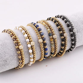 New Design Natural Stone Stainless Steel Beads Double Layer Custom Logo Gemstone Elastic Bracelet JBS12538