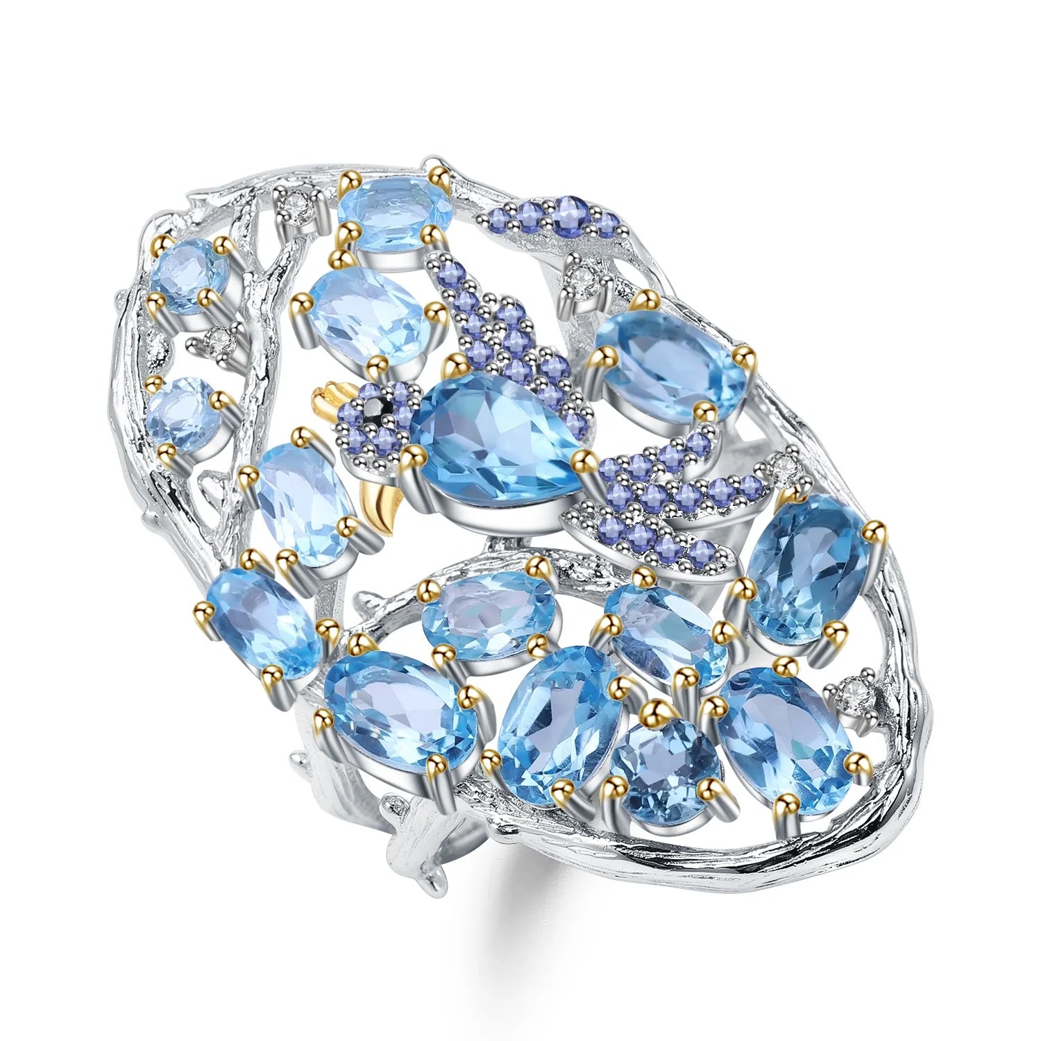 Abiding  Natural Blue Topaz Fashion  Rings 925 Sterling Silver Design  Hollow Element Rings for Girl