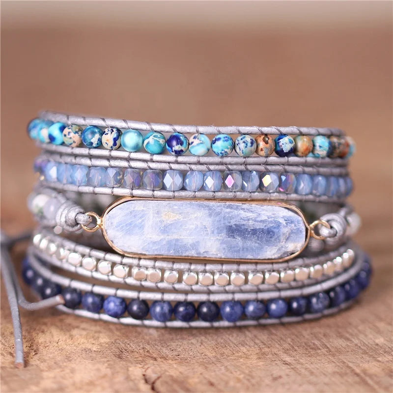 Handmade Natural Stone Bar Kyanite Charm 5 Rows Leather Beaded Wrap Bracelet for Women Vintage Jewelry Friendship Gift Wholesale Popular Jewelry
