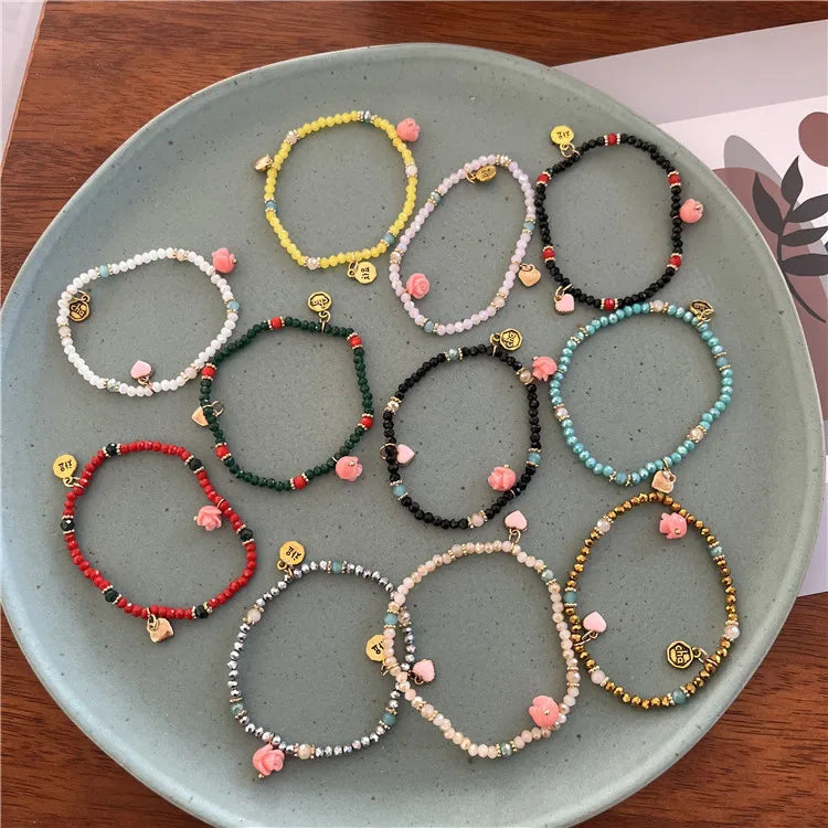 Korean Colorful 4mm Rondell Crystal Glass Bead Cut Bracelet With Heart Rose Charm Gold Plated Fashion Beaded Bracelet Girls