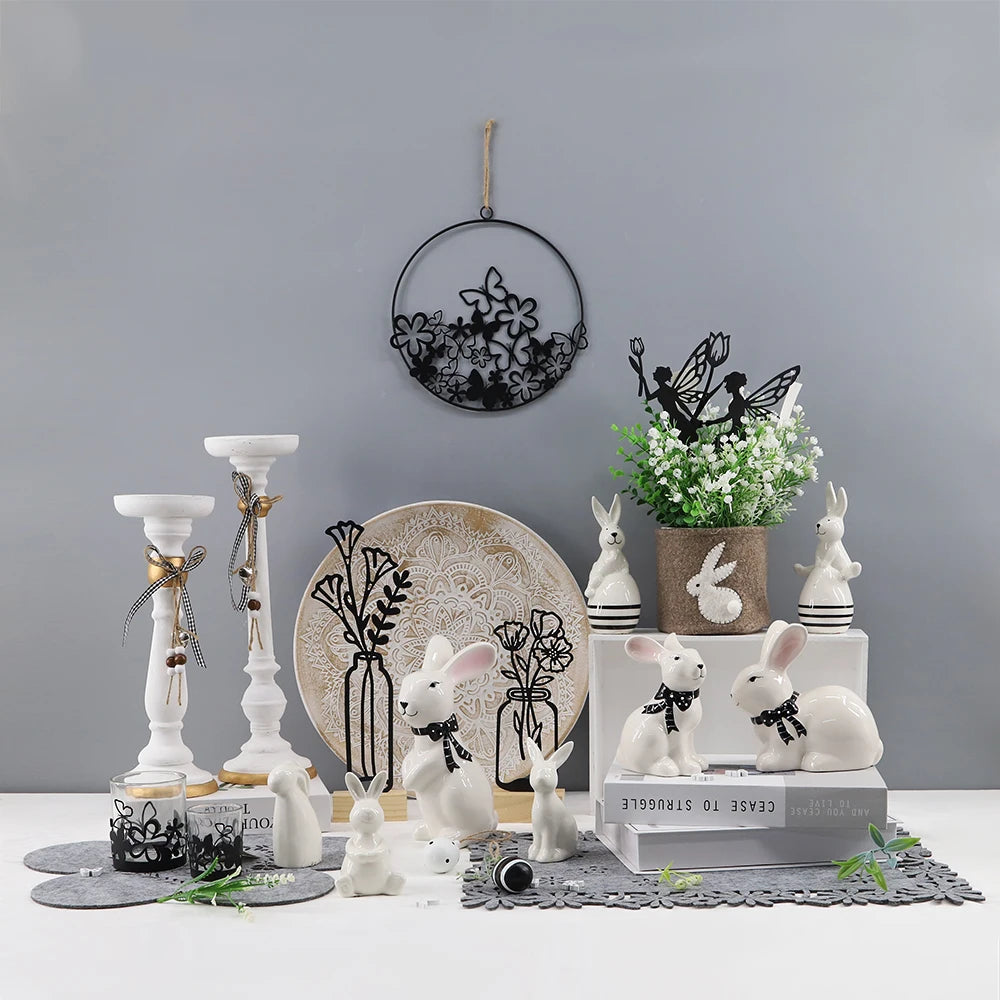 White Frosted Ceramic Rabbit Figurines Indoor Easter Decorations Spring Home Decor Bunny Statues for Party Decorations