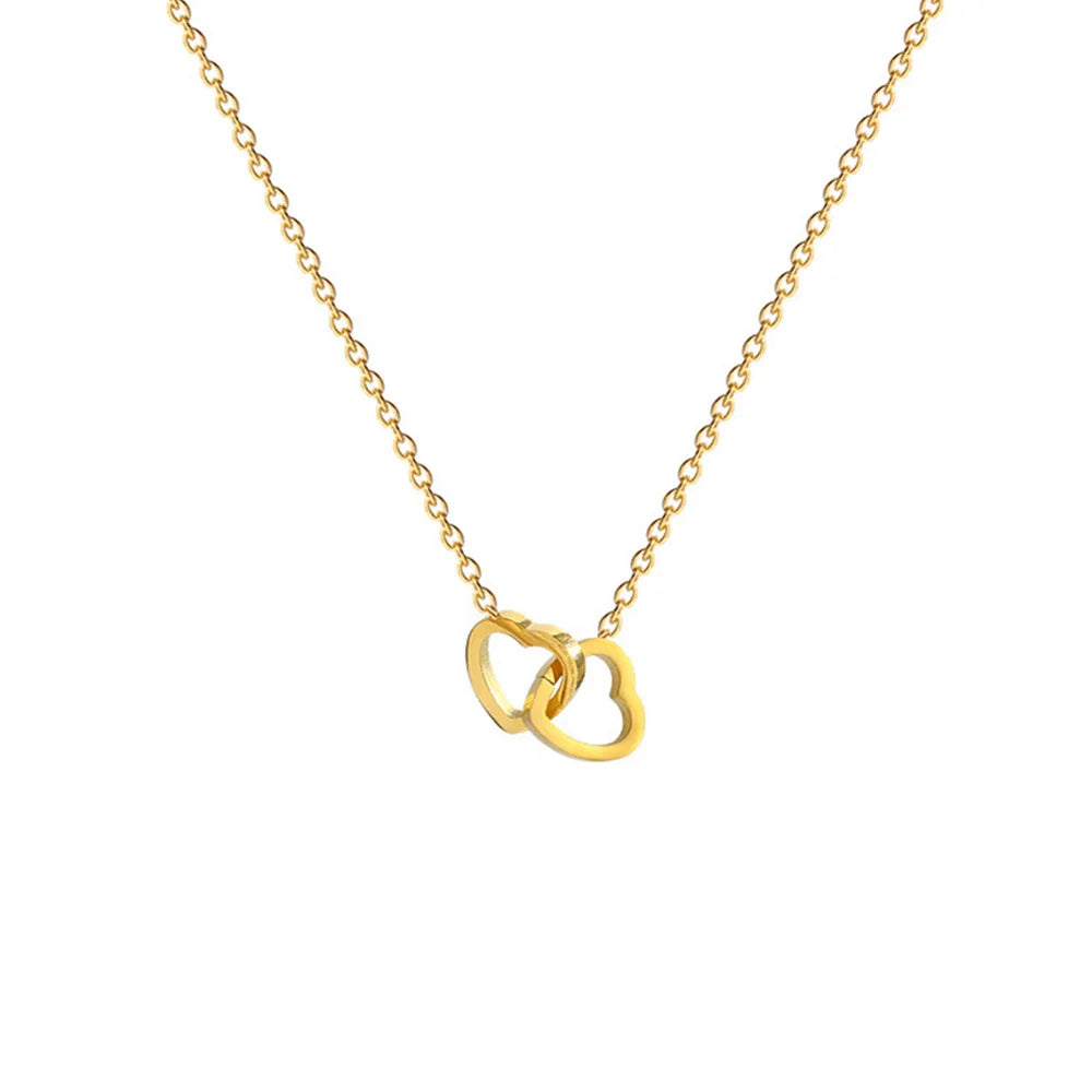 Classic New Fashion Women's Stainless Steel Choker Dual Ring Interlocking Heart Necklace Simple Clavicle Chain Crystal Wedding