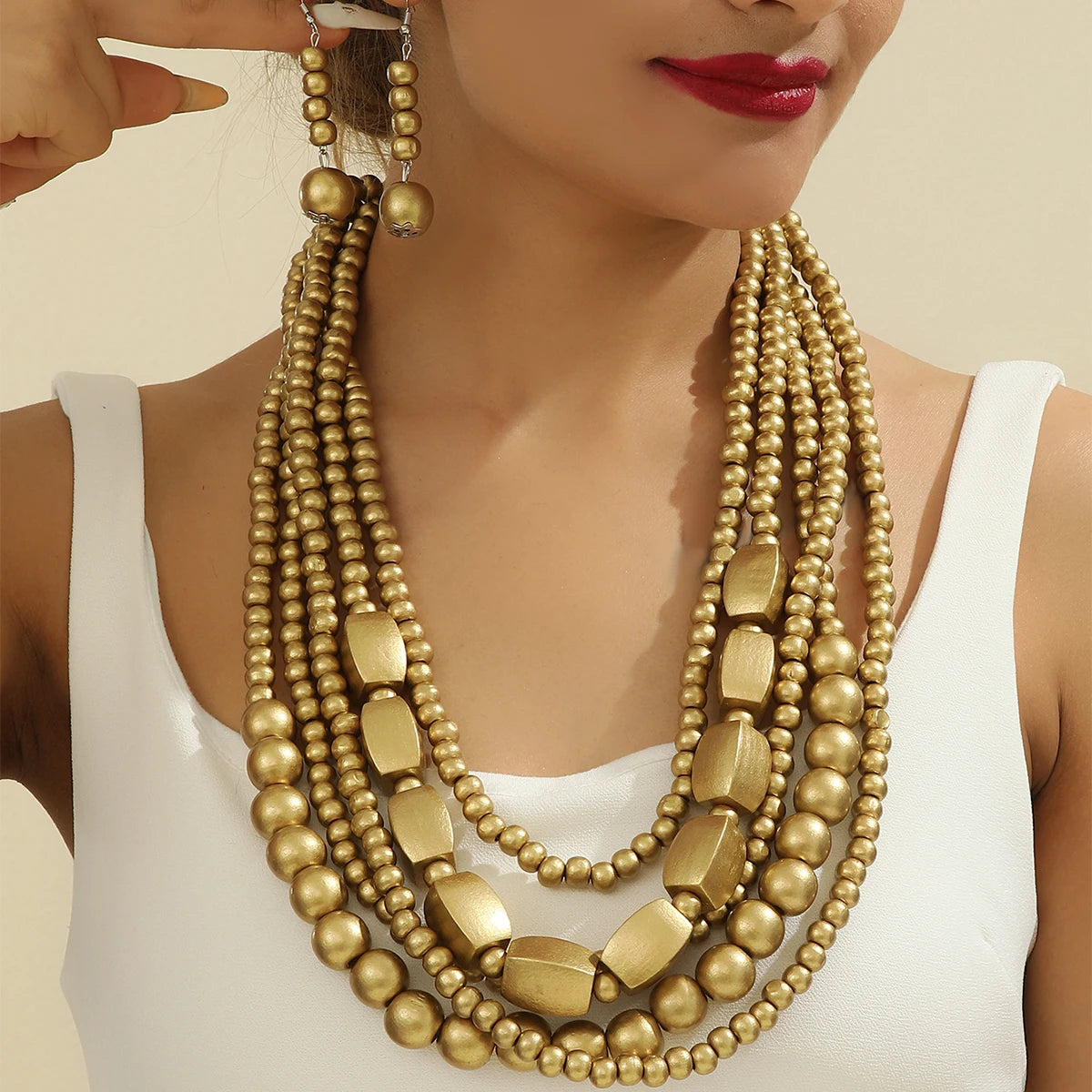 Boho Ethnic Handmade Jewelry Set 5 Layered Wooden Beaded Necklace Drop Dangle Earrings Set Middle Eastern Banquet Accessories