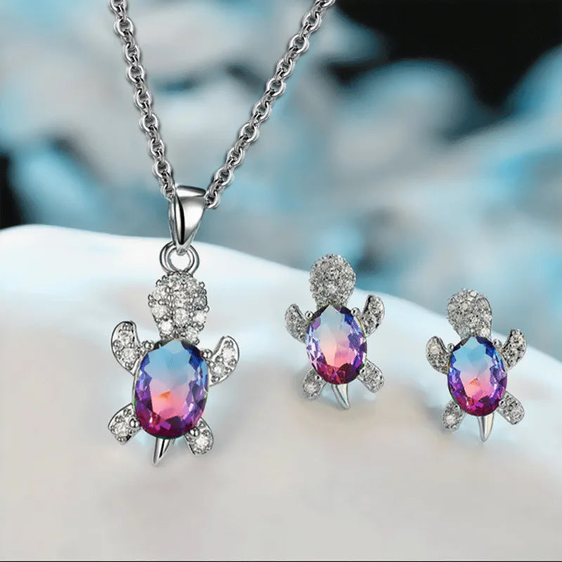 SC Wholesale Fashion Creative New Designed Diamond Necklace Animal Jewelry Sea Turtle Necklace Earrings Set for Women