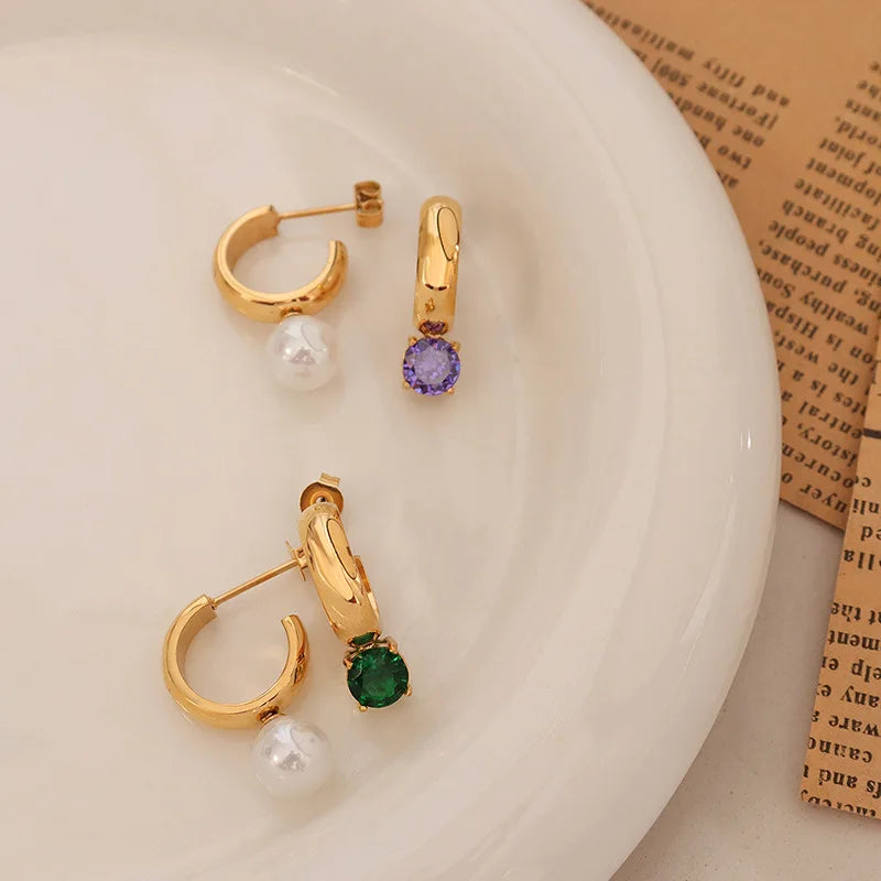 Newest Design Stainless Steel Zircon Pearl Earrings Hoop Gold Plated 18k Jewelry