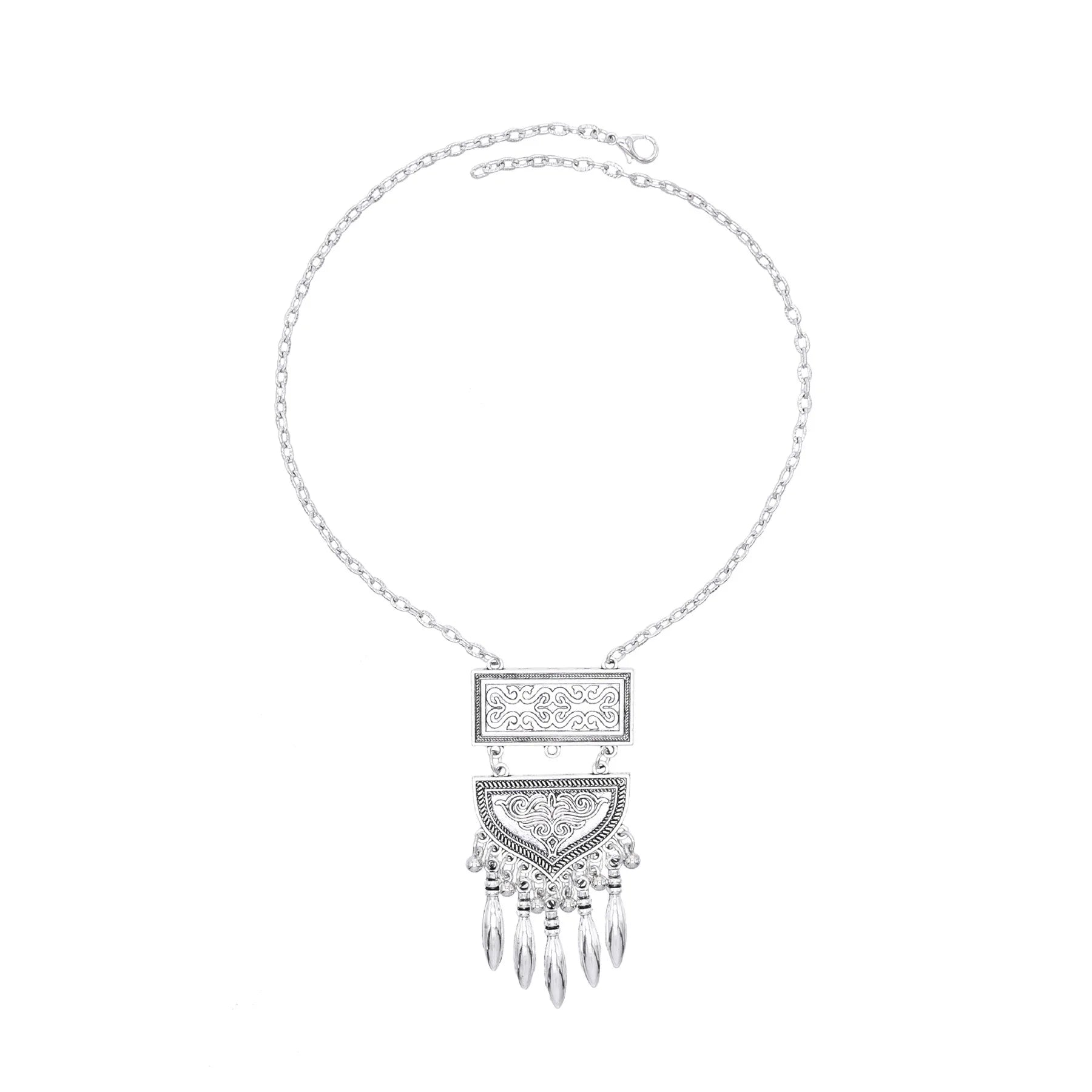 Vintage Bohemian Style Silver Carved Flower Pendant Necklace Turkish Style Link Chain with Statement Fringe Made of Alloy