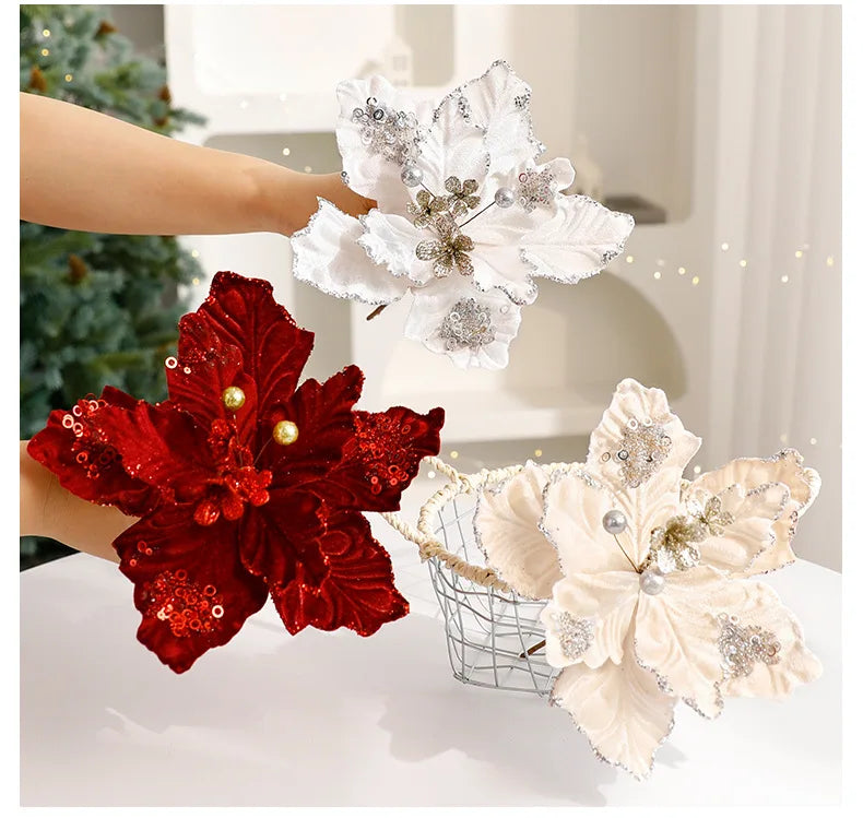 S29 Gold Powder Artificial Poinsettia Flowers Fabric Christmas Tree Ornament for Holiday Decoration Powdered Gold Day Decoration
