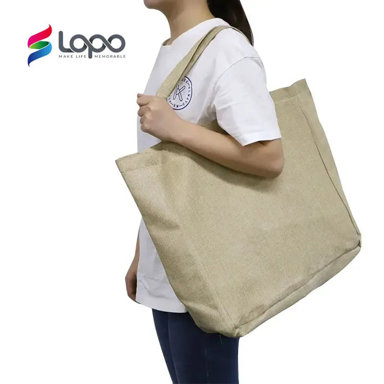 New Natural Burlap Eco Friendly Sublimation Textile Portable Open Duffle Tote Blank Shopping Bags MegaBDM
