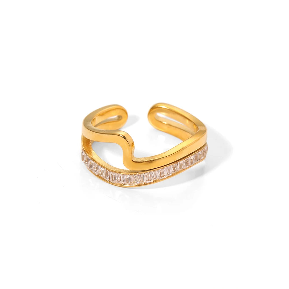 Luxury 18K Stainless Steel Double Band Layered Minimalist Stackable CZ Adjustable Open Finger Rings for Women