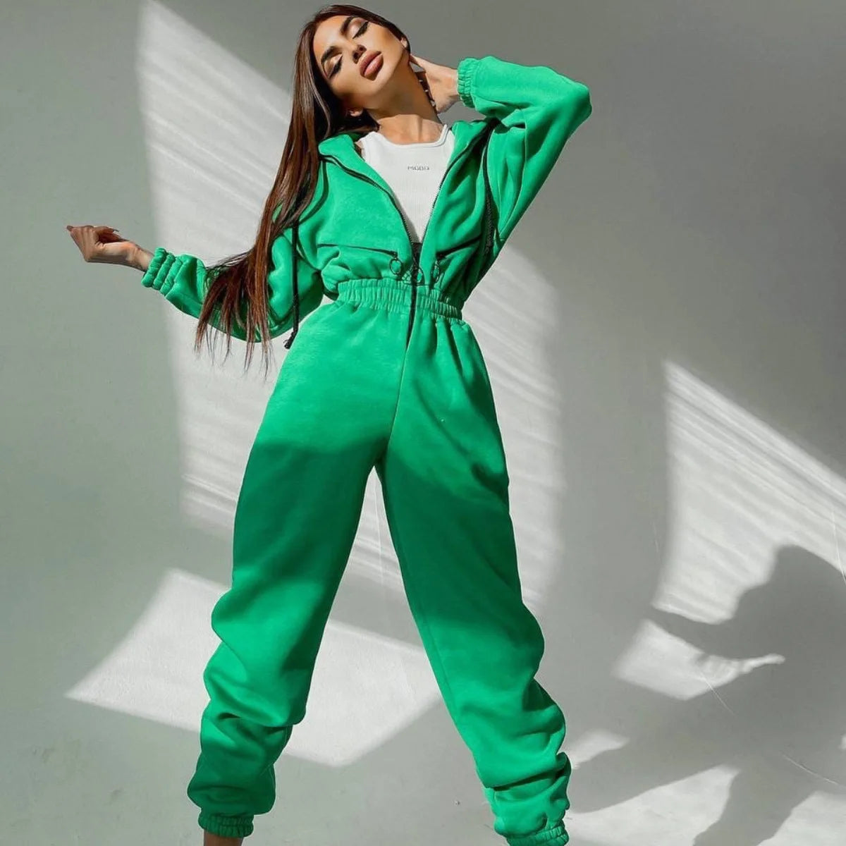 Hot Sale Cool Girl Hooded Jumpsuit Solid Color Tracksuit Sports Casual Womens Sweatsuit