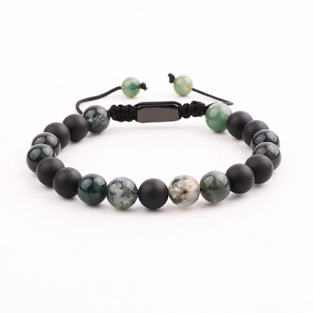 Natural Stone Matte Onyx Agate Stainless Steel Custom Logo Beads Adjustable Macrame Bracelets Men JBS11732