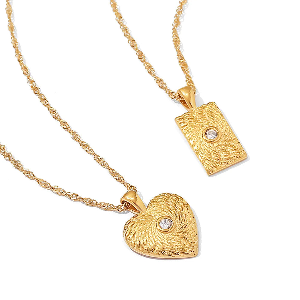 Geometric Blade Chain Texture Square Heart Necklace Stainless Steel Zircon Heart Pendant Necklace