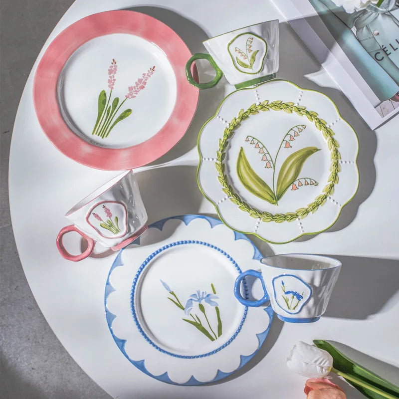 Solhui Ins Medival Hand Painted Ceramic Tableware Set Creative Underglaze Flower Ceramic Mug and Plate