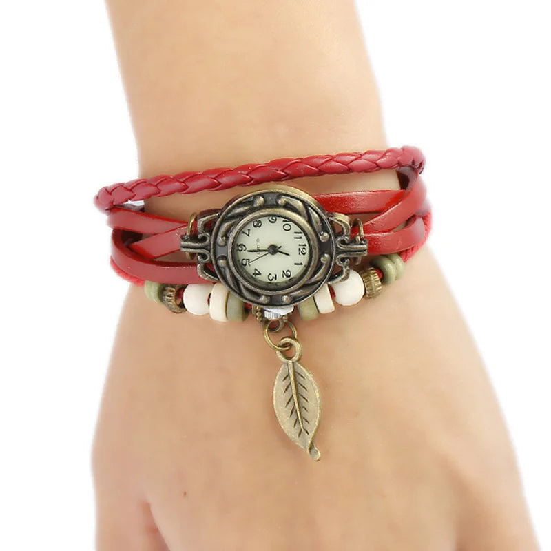 Fashion Genuine Leather Wove Sport Quartz Stainless Steel Glass Unisex Vintage Watch Bracelet